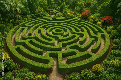 Lush hedge maze surrounded by vibrant garden flora in a natural setting