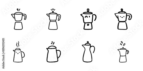 Coffee Maker And Kettle Line Icon Set In Doodle Style. Brewing, Steaming, And Beverage Preparation Outline Sketch Collection. Kitchen Appliance And Coffee Culture. Hand Drawn Vector Illustration