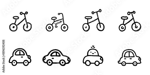 Bicycle And Car Line Icon Set In Doodle Style. Transportation And Mobility Outline Sketch Collection. Eco-Friendly Travel And Urban Commuting. Hand Drawn Isolated Vector Illustration