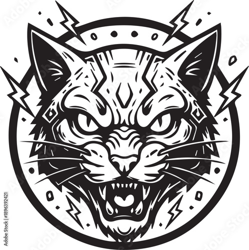 Cybernetic Electric Cat Emblem Fierce Black and White Circular Mascot Featuring a Roaring Cat with Mechanical Details and Lightning Bolts