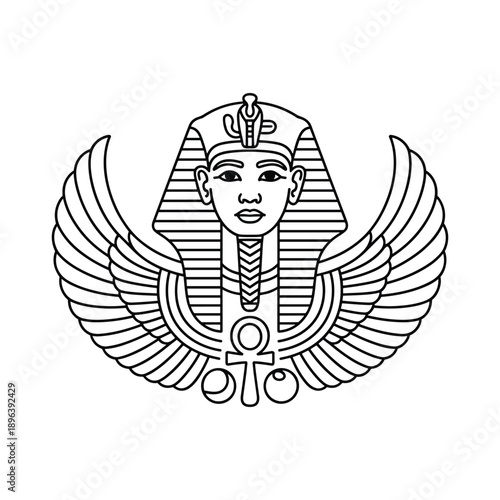 Stylized Egyptian pharaoh headdress with wings and an ankh symbol isolated on transparent background