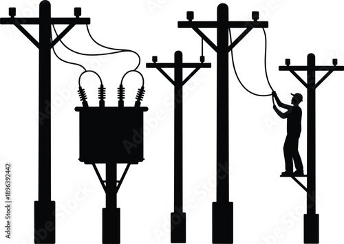 Silhouette of utility poles with a transformer and lineman working on a white background Keywords: electricity, power line, utility pole, lineman, electrician, transformer, electrical