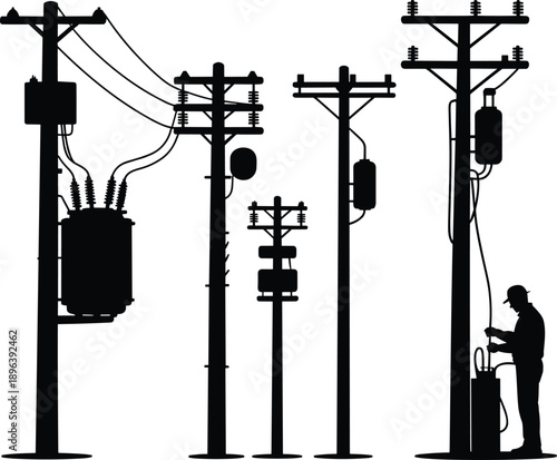 Silhouette of utility poles with transformers and a worker on white background Keywords: utility pole, electricity, power line, transformer, worker, silhouette, electrical equipment