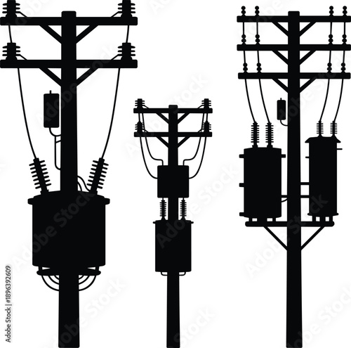 Silhouetted Utility Poles with Transformers and Insulators on White Background power line electricity