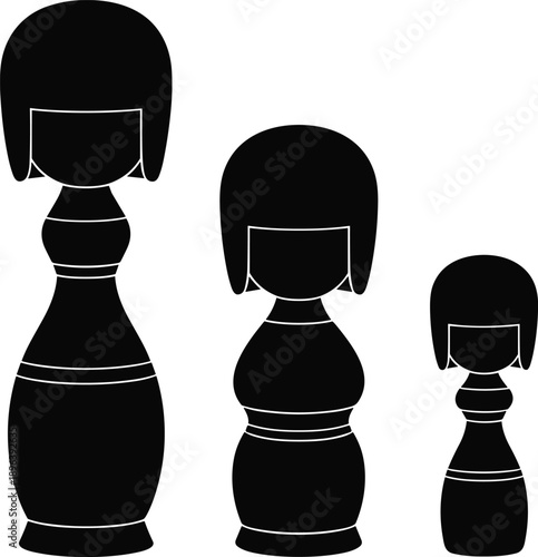 Silhouette of three traditional Japanese Kokeshi dolls in descending size, symbolizing culture, heritage, craftsmanship, family, and minimalist design tradition.