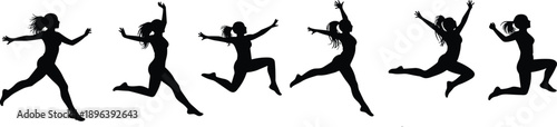 Set of black silhouettes showing an active woman jumping in various poses, representing fitness, athletic energy, freedom, joy, and success.