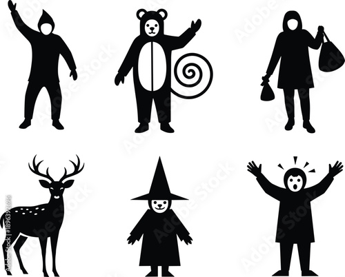 Collection of Six Detailed Black Silhouettes Featuring Children in Halloween Costumes Including a Bear Witch and Deer for Holiday Celebration Graphic Design Projects