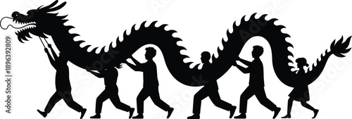 Silhouette of traditional Chinese dragon dance performance symbolizing culture festival teamwork celebration heritage mythology folklore art tradition parade lunar newyear