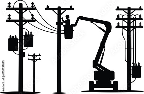 Silhouettes of utility poles with a bucket truck and worker performing maintenance on a white background