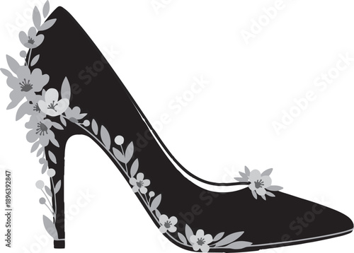 Floral High Heel Shoe Elegant Fashion Footwear Black and White Illustration