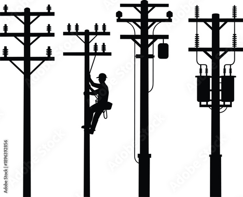 Silhouettes of utility poles with electrical equipment and a lineman working on a white background