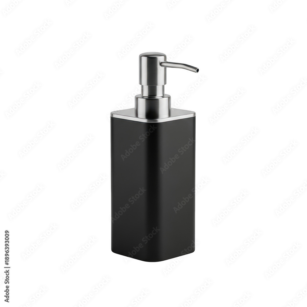 Obraz premium A sleek black soap dispenser with a silver pump on a white background