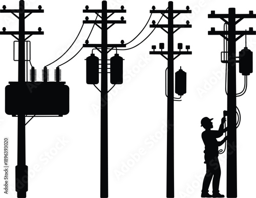 Silhouettes of utility poles with electrical equipment and a worker on white background Keywords: utility pole, electricity, power line, transformer, worker, silhouette, electrical