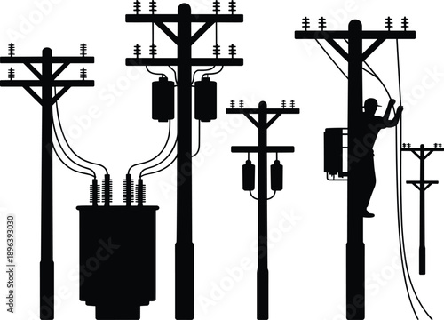 Silhouettes of utility poles with transformers, insulators, wires and a lineman climbing on a white background