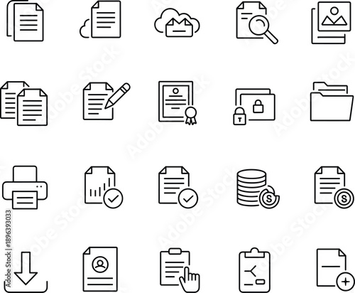 Black linear vector icon set for document management financial reporting cloud storage file security data analysis business administration and professional office paperwork organization design