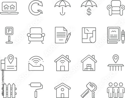 Linear vector icon set for real estate property management home insurance smart house technology mortgage lending residential leasing and moving services branding design