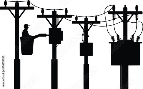 Silhouettes of utility poles with workers in bucket trucks and electrical transformers on a white background