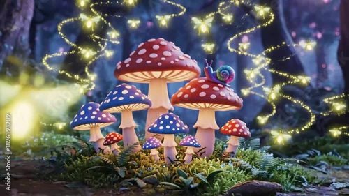 Fantasy forest scene with red mushrooms and glowing lights