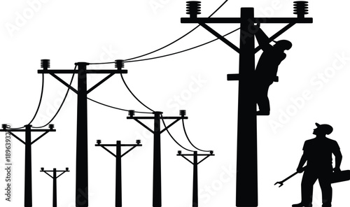 Silhouettes of various utility poles and a worker with tools near a power line electricity lineman