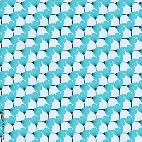 Beautiful repeating pattern of blue flowers on a light blue background, creating a fresh and vibrant look.