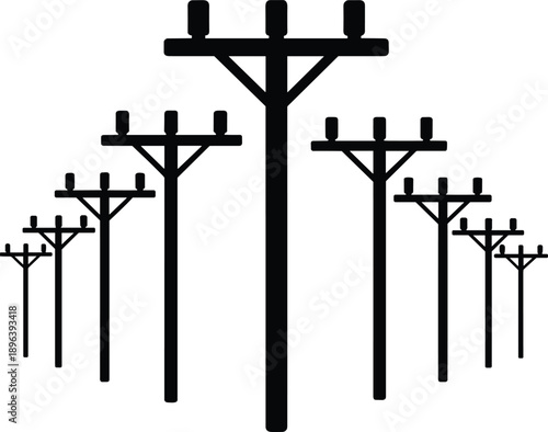 Symmetrical arrangement of black silhouette utility poles with crossarms and insulators on a white background Keywords: utility pole, power line, electricity, infrastructure