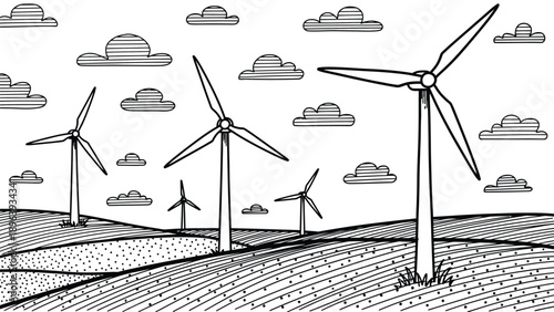 Illustration of rolling hills with wind turbines scattered across the landscape. Fluffy clouds fill the sky, creating a serene and optimistic tone.