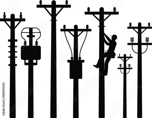 Silhouettes of various utility poles with electrical equipment and a lineman on a white background