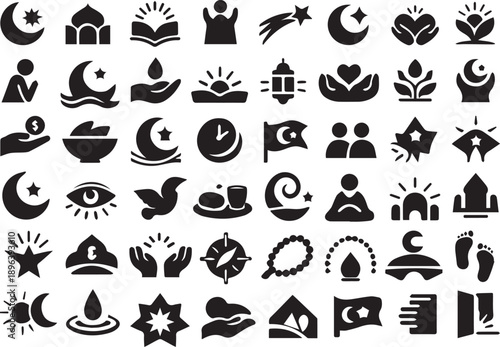 Obraz na plátně Collection of Muslim culture decorative elements, mosque, crescent moon, and Kaaba icons for design