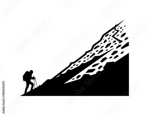 Mountaineer Climbing Rocky Terrain - Black Vector Silhouette