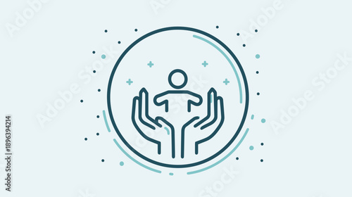 Supportive hands caring for human figure vector icon. Child protection, family welfare, healthcare, and social assistance symbol.