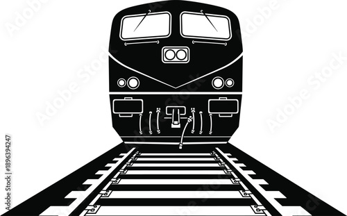 Black and white vector illustration of a modern locomotive train engine on railway tracks for industrial transport, public transit, and logistics concepts