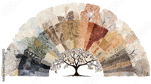 Symbolic tree with radiating fan of diverse natural textures, representing heritage, growth, evolution, and global connection