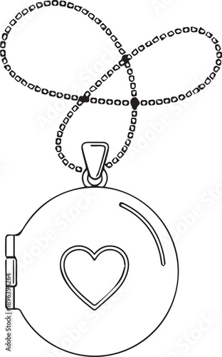 Heart Locket Necklace Line Art Jewelry Love Symbol Black and White Illustration