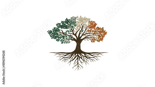 Vibrant abstract tree logo design with deep roots and foliage in green, white, and orange, representing growth, heritage, and connection.