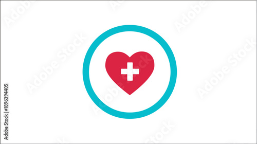 Health Care Heart Icon with White Cross in Teal Circle. Medical Aid, Charity, First Aid, Wellbeing, and Support Symbol.