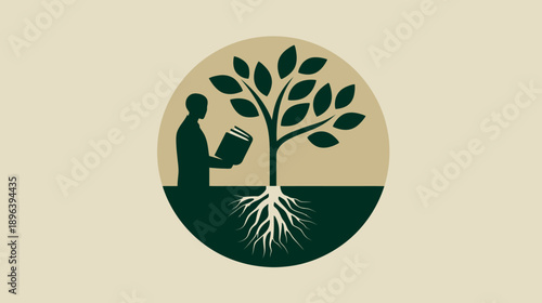 Vector illustration of a person reading a book next to a rooted tree, symbolizing knowledge, education, wisdom, and natural growth.