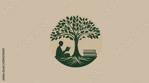 Vector graphic of a person reading a book under a vibrant tree with visible roots, symbolizing education, knowledge, wisdom, and growth.