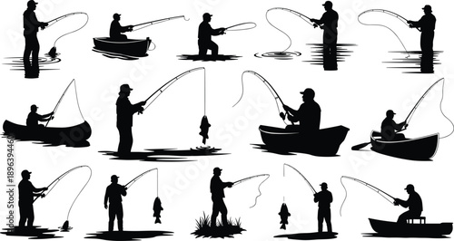 Collection of Fisherman Silhouette Vector Illustration Set, People Fishing from Boats and Shore for Outdoor Hobby Sport Summer Vacation and Commercial Graphic Design,