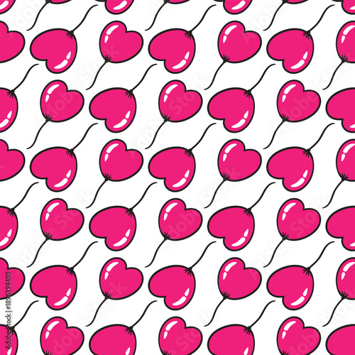 Bright pink hearts and balloons on a white background create a cheerful and playful pattern.