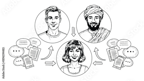Three people in circular frames connected by arrows, indicating communication. Speech bubbles and documents surround them, suggesting an exchange of ideas.
