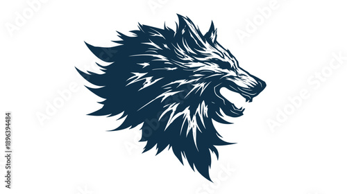 Fierce stylized wolf head illustration in profile, showing an aggressive expression with sharp edges and growling fangs, powerful animal graphic design.