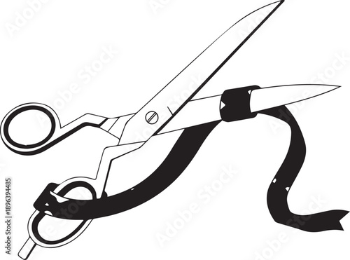 Scissors Cutting Ribbon Line Art Craft and Tailoring Black and White Illustration
