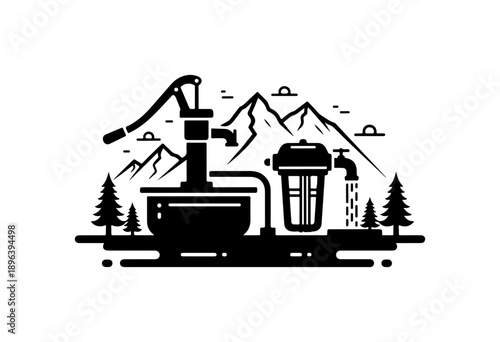 Industrial Distillery and Brewery Silhouette with Mountain Background