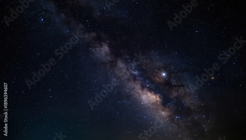 Galaxy view in the night sky showing stars and a bright band of light with visible cosmic structures above a dark landscape Generative AI