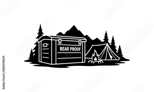 Bear Proof Storage Box with Camping Scene Vector Illustration