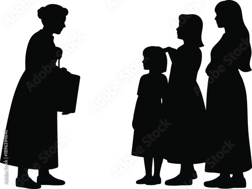 Woman teacher meeting mother and children silhouette education guidance parenting family relationship social interaction illustration