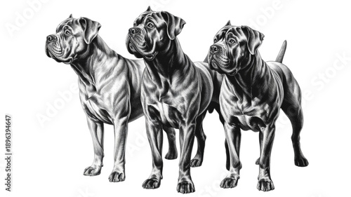 Three Cane Corso Dogs Standing Together isolated on transparent background.