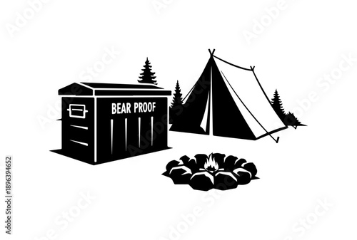 Bear-Proof Storage and Camping Setup Vector Illustration