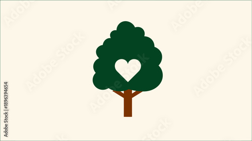 Stylized green tree icon with a white heart, symbolizing love for nature, ecology, environmental protection, and sustainable living.