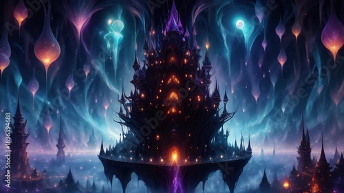 Abstract Castle In the Neon Skies. Infinite Loop, Seamless morphing loop video